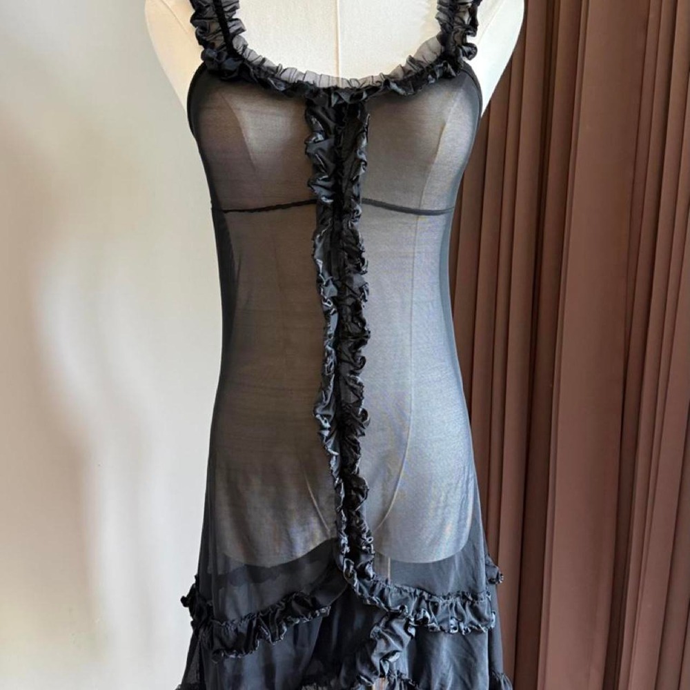 Just Sexy Black Sheer Ruffle Slip Dress Y2K Fairycore Mesh Lingerie 2X 24